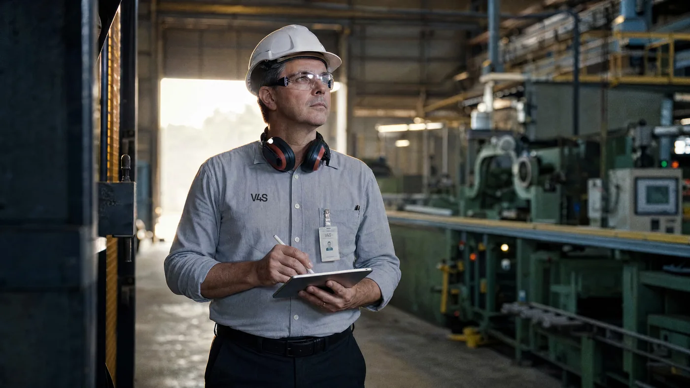Engenheiro de segurança da V4S, com capacete e protetor auricular, inspecionando uma linha industrial
